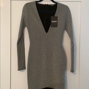 Misguided Silver v neck mini dress size 6 Small